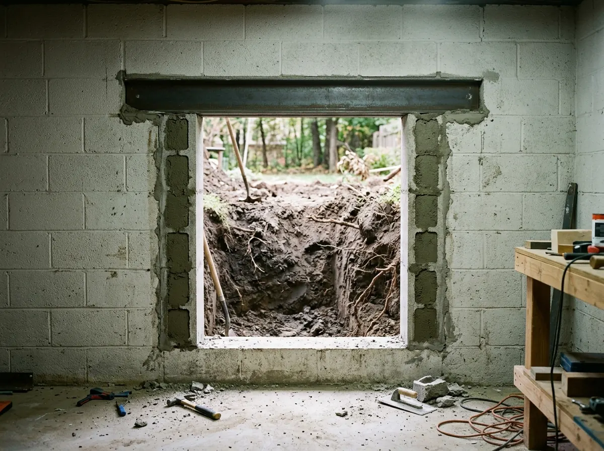 Concrete block basement wall with a new window opening and a steel angle lintel spanning the top over the cut blocks