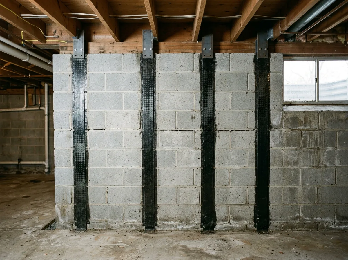 Vertical black carbon fiber straps bonded at even spacing to an inward-bowing concrete block basement wall with a horizontal mortar-joint crack