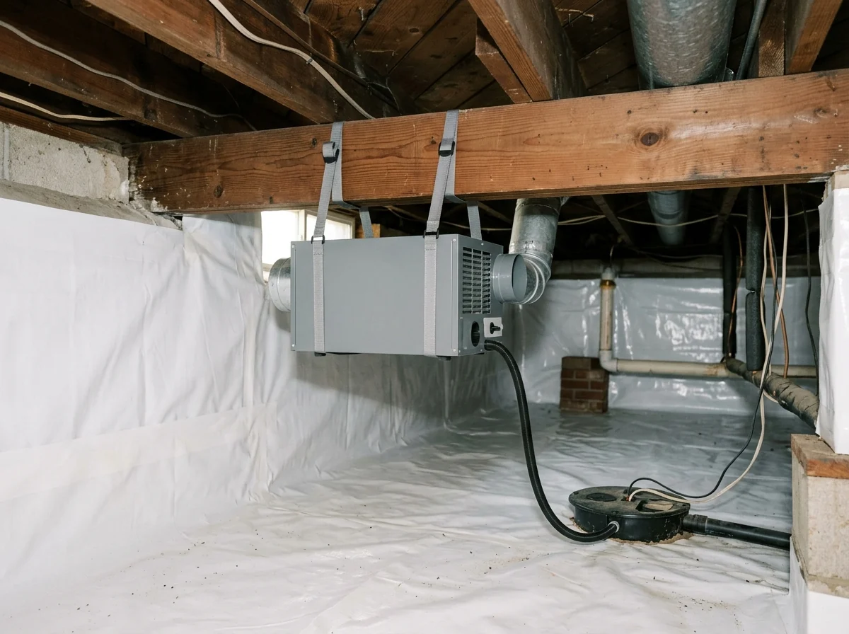 Compact crawl space dehumidifier hung from floor joists above a sealed liner with a condensate line running to a drain