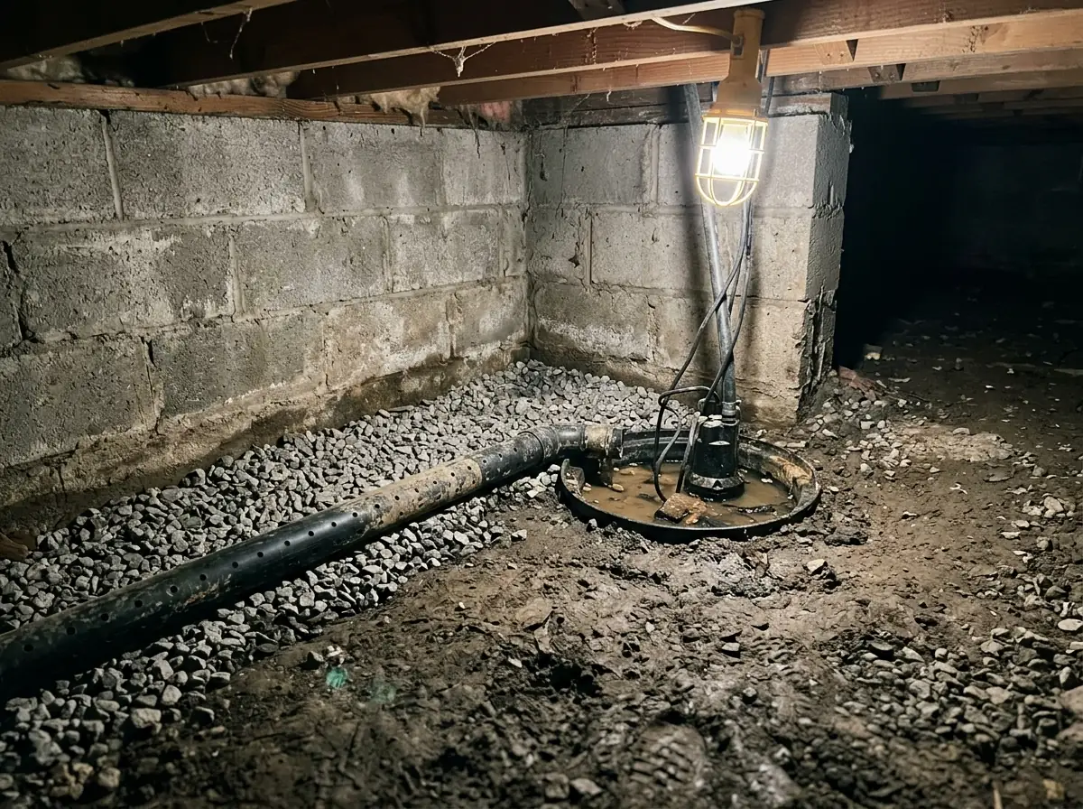 Shallow gravel trench with perforated pipe along a crawl space footing leading to a small sump basin, before the liner goes down