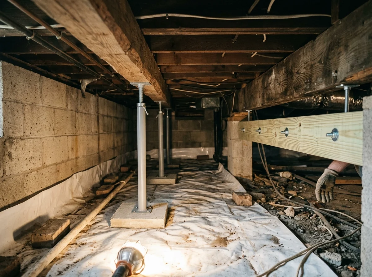 Adjustable steel support jack posts on concrete pads holding up a wood beam under floor joists in a low crawl space with a plastic liner on the ground