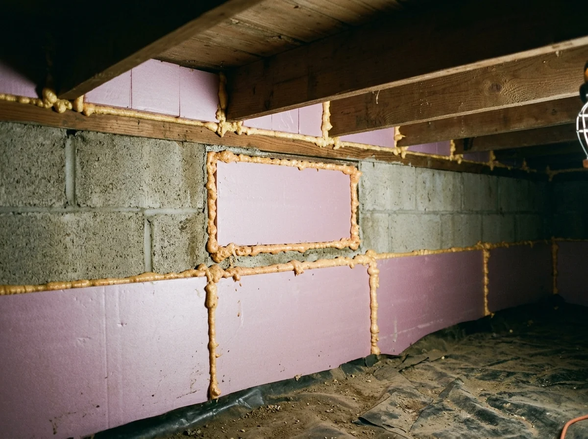 Foundation vent in a crawl space wall plugged with cut rigid foam board, and foam blocks sealed into each rim joist bay above