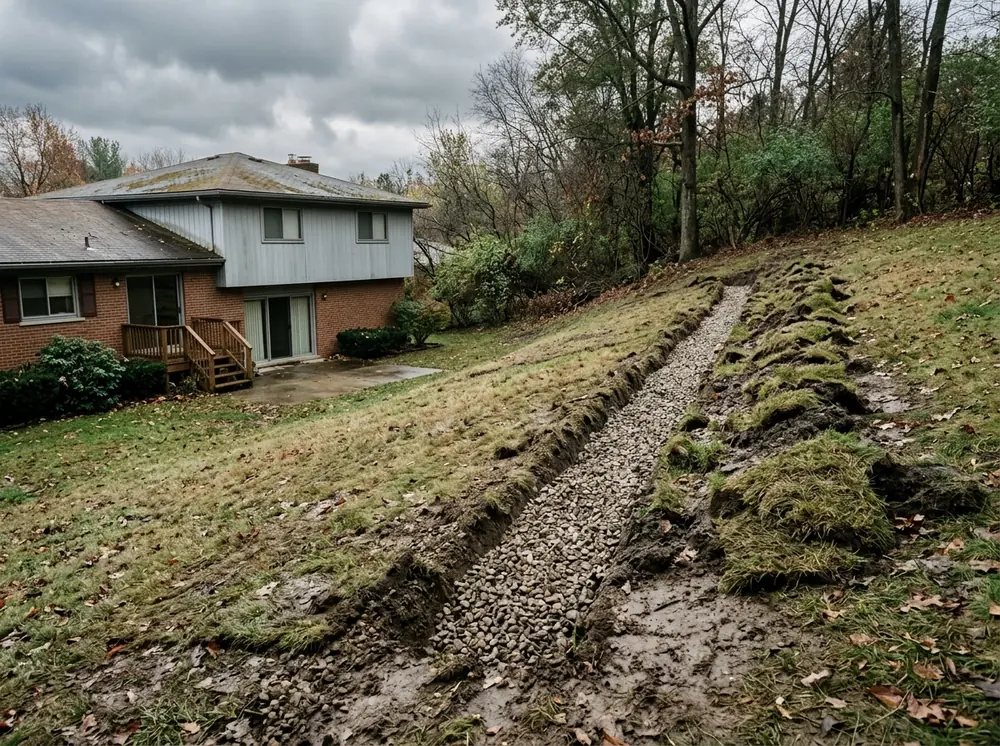 Narrow gravel-filled trench cut across a sloped back yard uphill of a brick house, with sod rolled back on either side