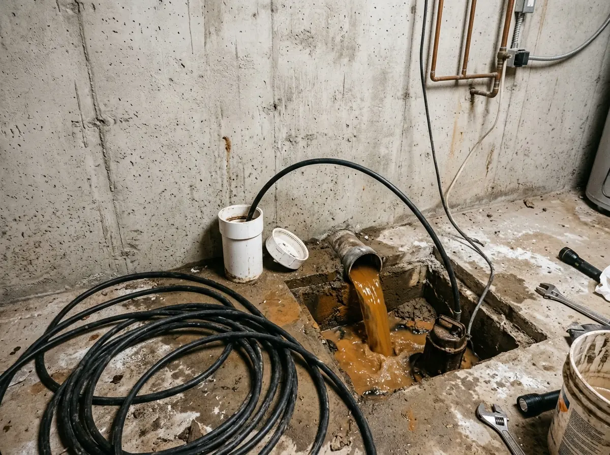 Open cleanout riser at the edge of a basement floor near the sump pit with a flexible jetter hose fed into the drain pipe and muddy water running into the pit