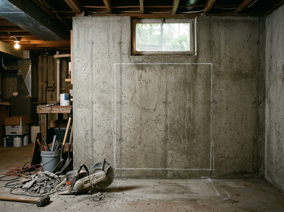 Small existing basement hopper window in a poured wall marked out in chalk for a larger egress opening cut below it