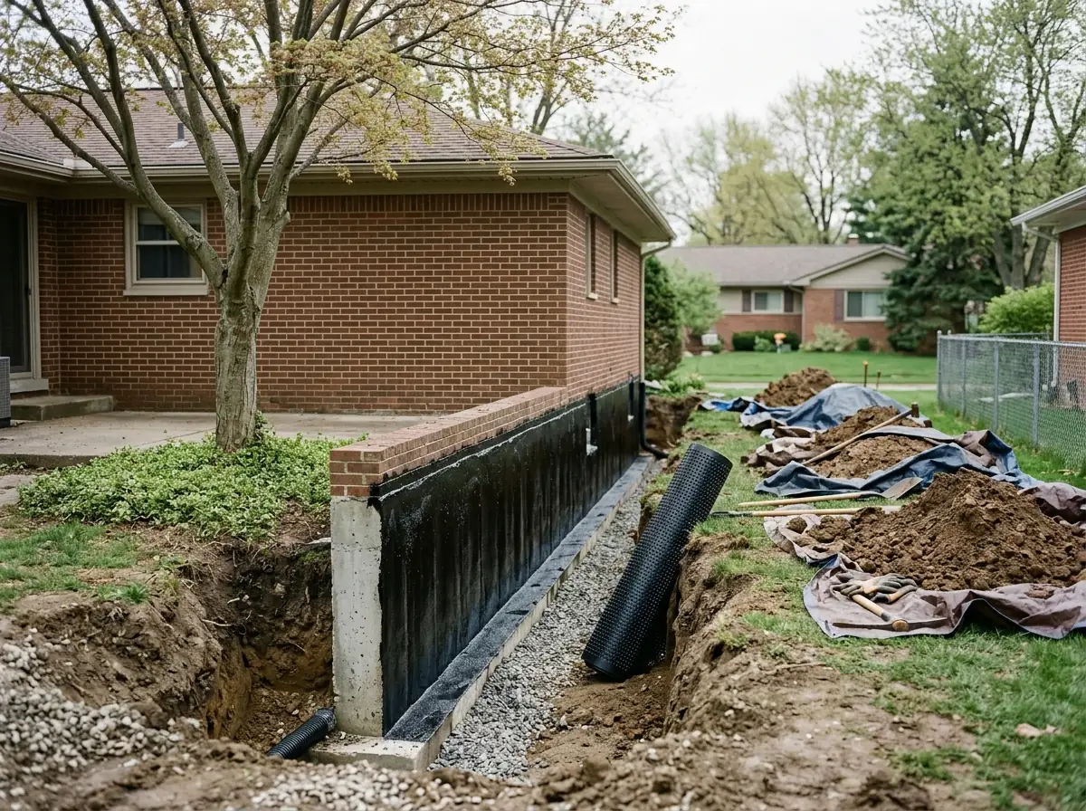Excavated trench beside a poured concrete basement wall with a fresh black rubberized membrane rolled on down to the footing and a gravel bed at the base