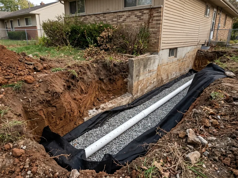 Deep trench beside a poured concrete basement wall with perforated PVC drain pipe on washed gravel at the footing