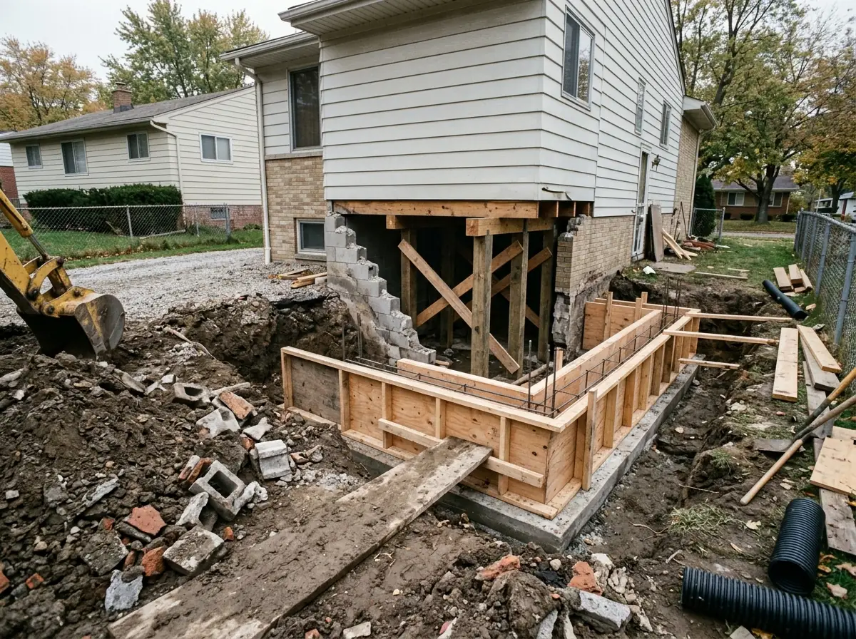 Section of basement wall excavated from outside, with old block removed and new reinforced wall forms in place against the footing