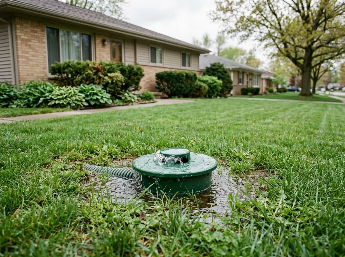 Round green pop-up drain emitter set in a lawn at the end of a buried drain line, slightly open with water flowing out
