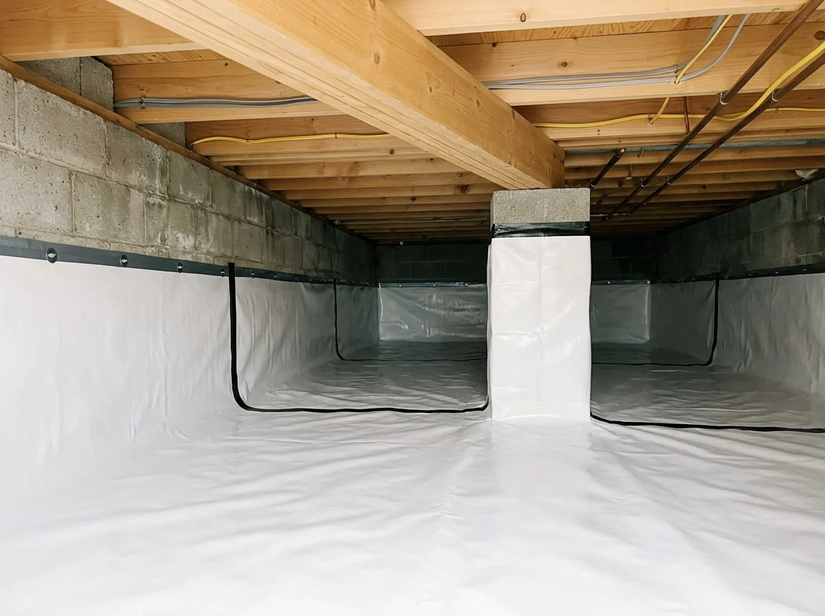 Fully encapsulated crawl space with white liner covering the floor, block walls and support piers, sealed to the walls with tape
