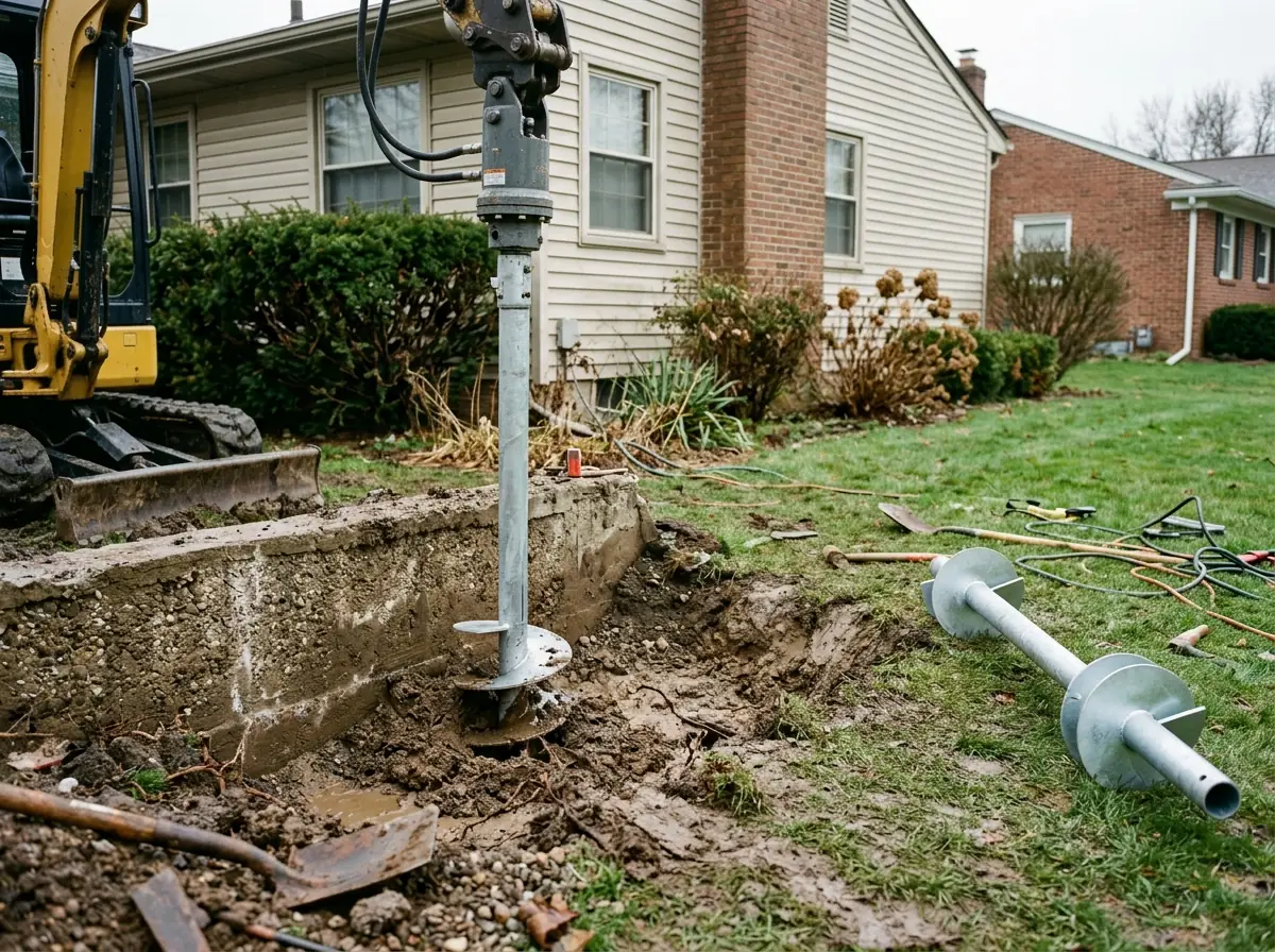 Helical pier shaft with round screw plates being turned into the soil next to a concrete foundation wall