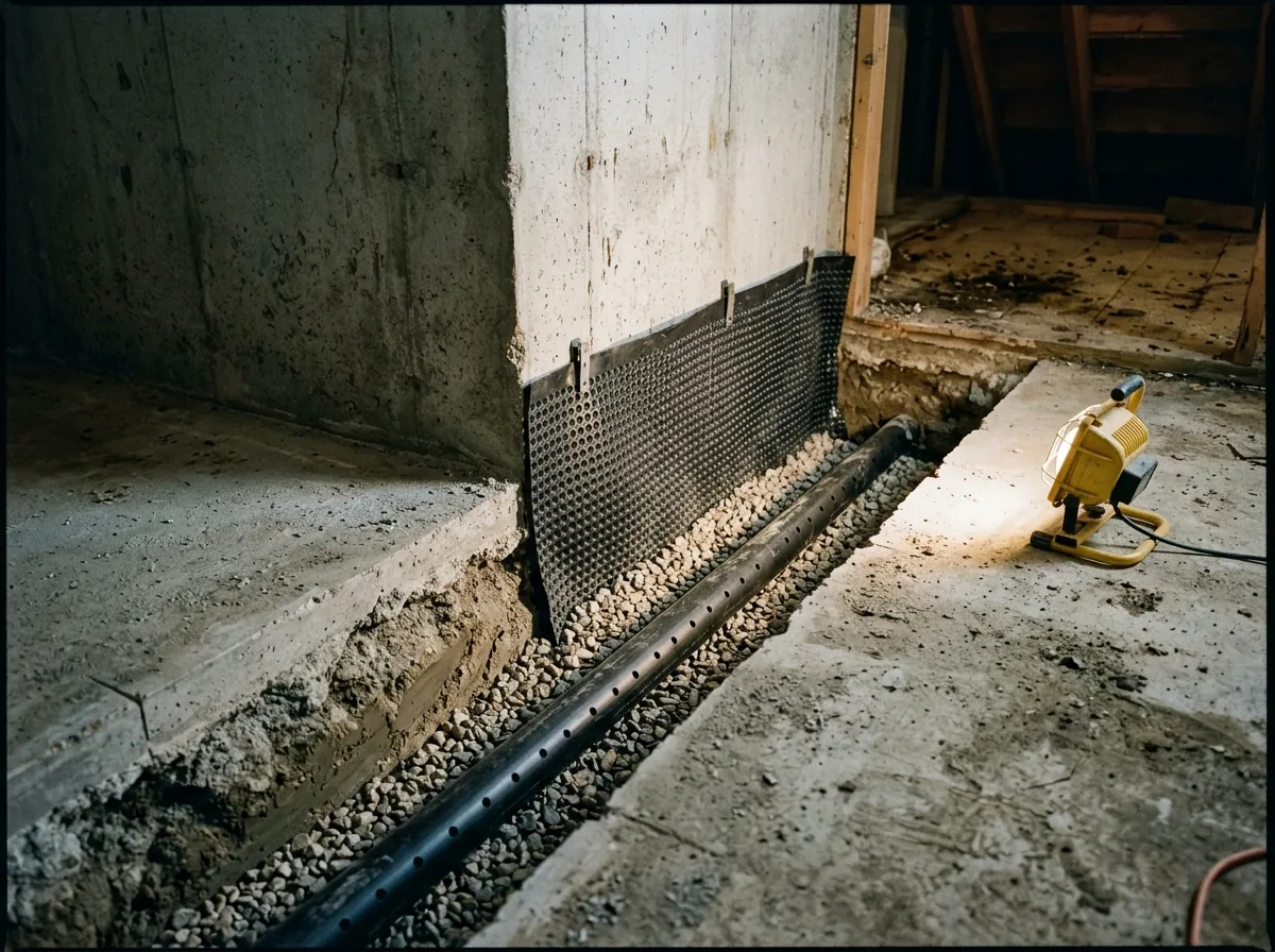 Open trench along a poured concrete basement wall with perforated drain pipe in washed gravel and a dimpled plastic membrane against the wall