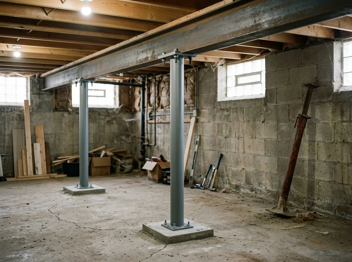 Basement with a steel main beam supported by new round steel columns on concrete pads, beside an old screw-jack post