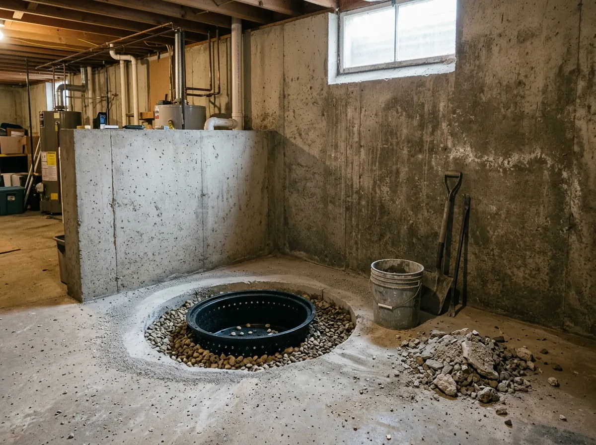 Freshly cut round hole in a basement concrete floor with a perforated plastic sump basin set in washed gravel