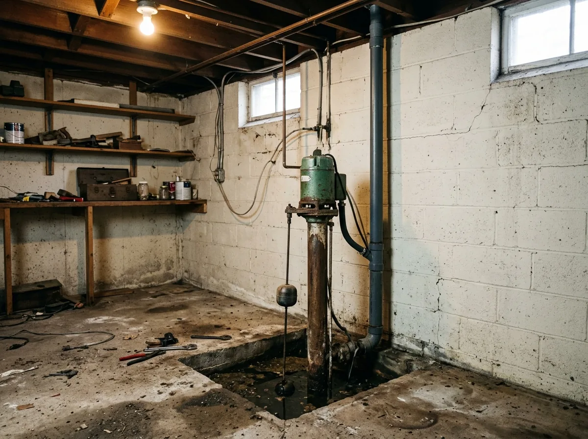 Old pedestal sump pump with a tall motor column standing in an open pit beside a basement wall