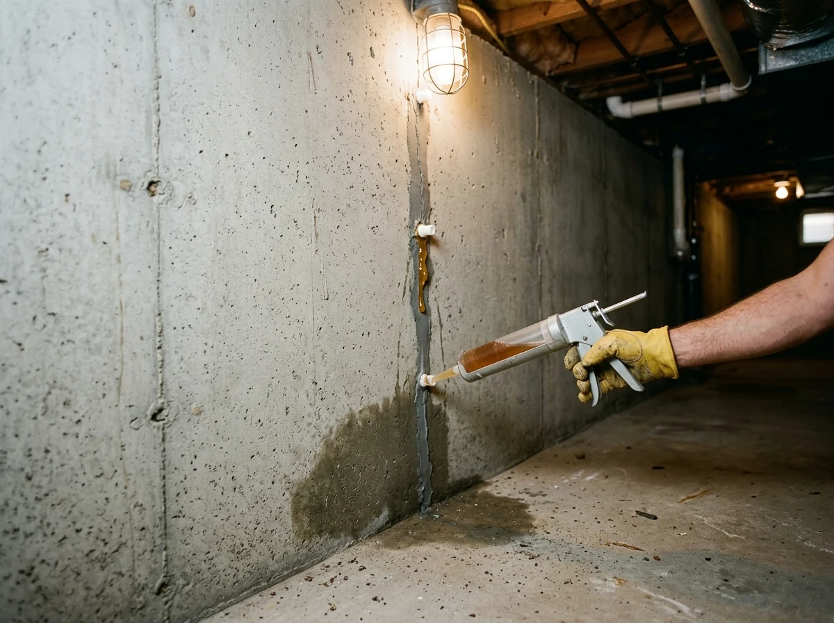 Gloved hand holding an injection gun against a port on a sealed vertical crack in a grey poured concrete basement wall, amber resin visible at the next port