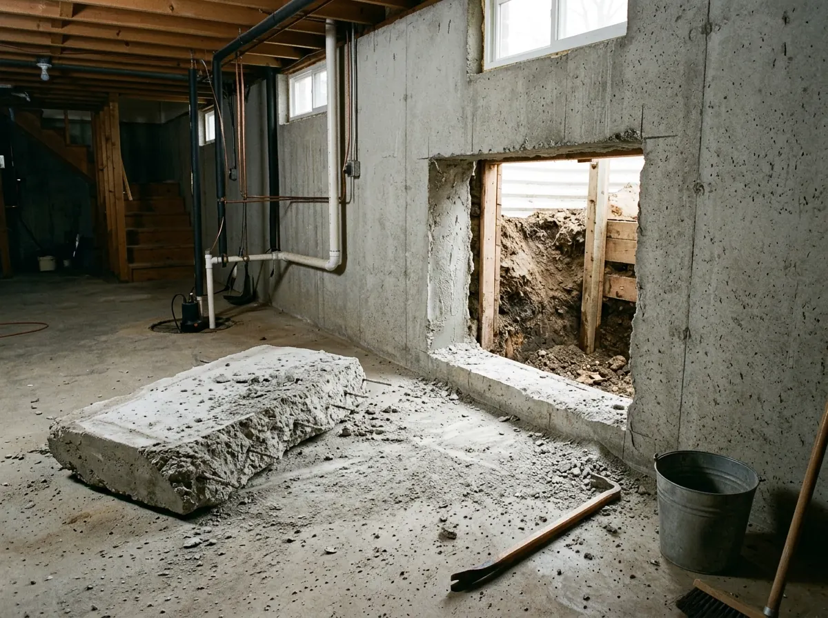 Rectangular opening freshly saw-cut through a poured concrete basement wall, with straight cut edges and the excavated well outside