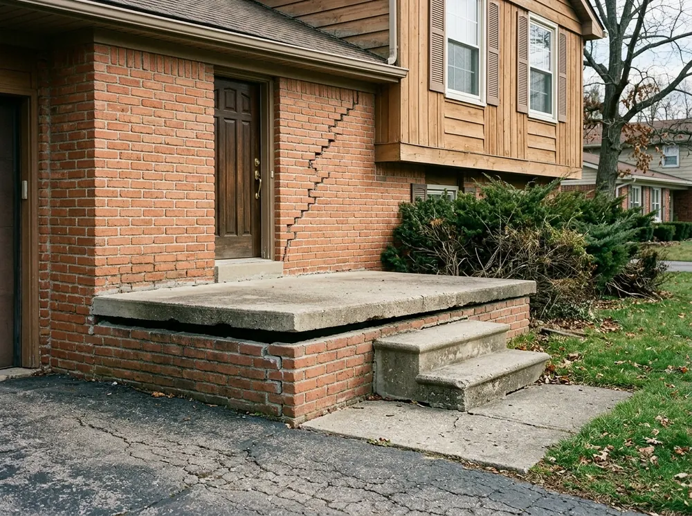 Concrete porch slab pulling away from a brick house with a gap at the foundation and a stair-step crack in the brick