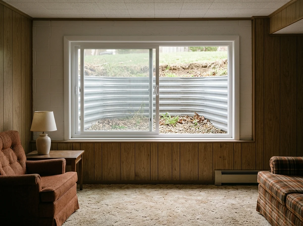 Wide horizontal sliding egress window in a finished basement wall with one sash slid open