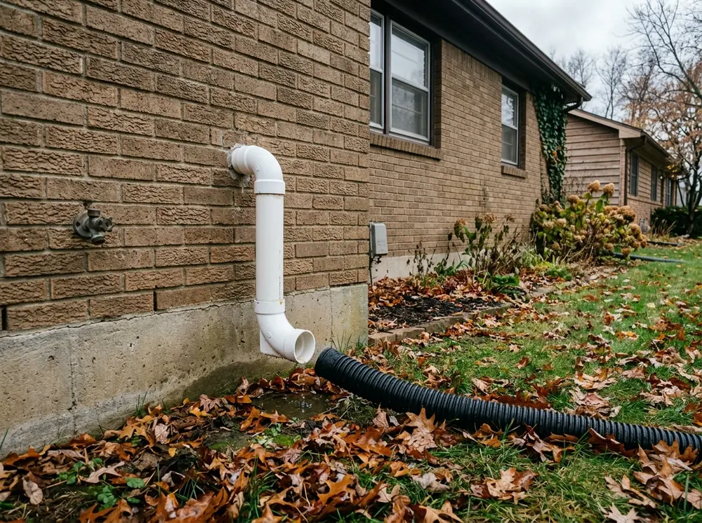 White PVC sump discharge pipe leaving a brick house through the rim joist and running to a buried line in a lawn
