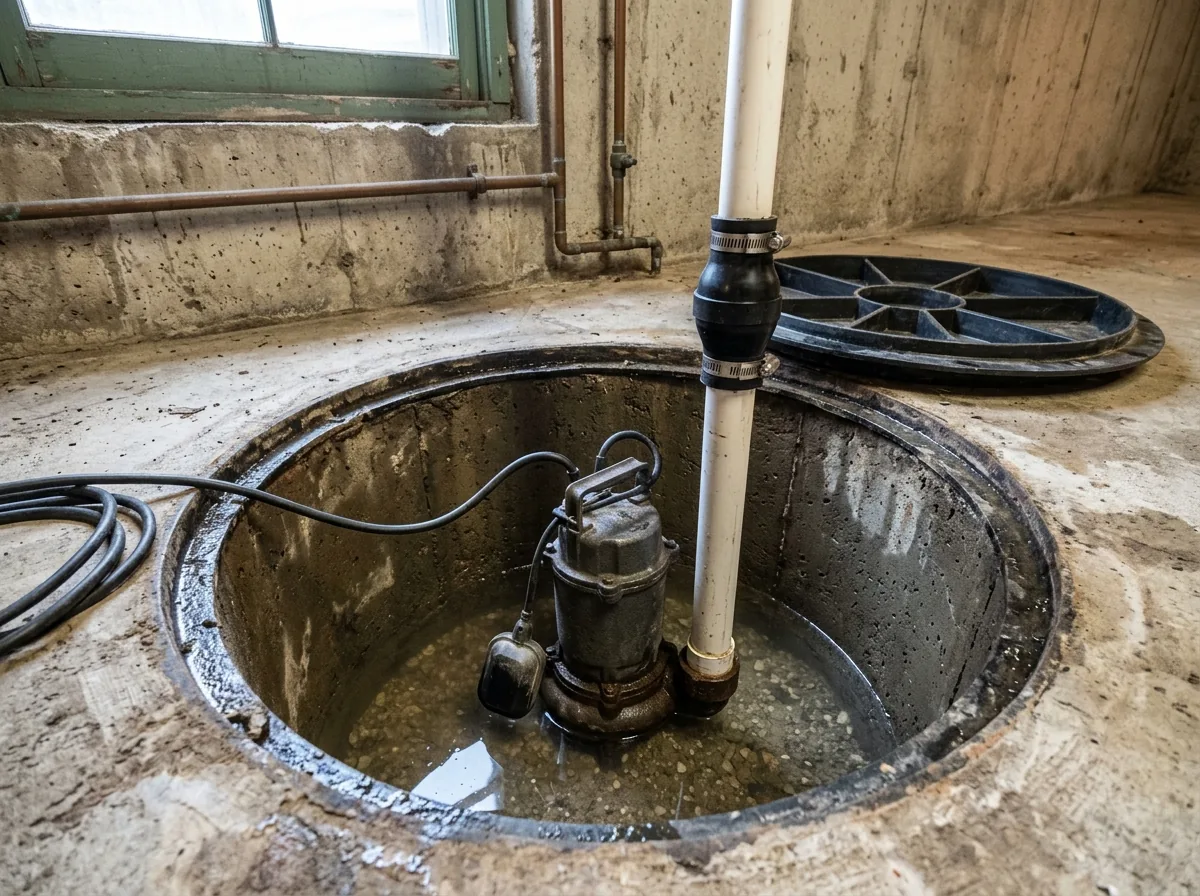Open sump pit in a basement floor with a submersible pump, a tethered float switch on its cord and a white PVC discharge pipe with a check valve