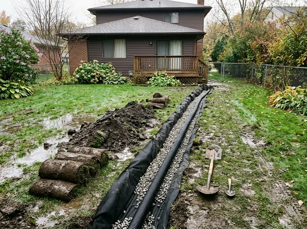 Shallow gravel trench wrapped in black filter fabric running across a wet lawn, with a perforated pipe in the gravel